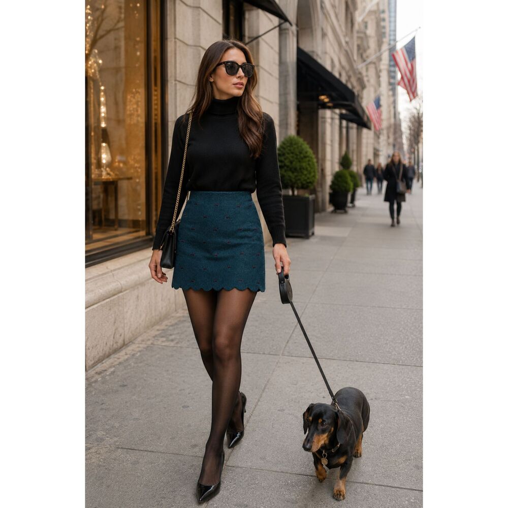 Talbots Wool Blend Dachshund Embroidered Pencil Skirt Women's 12 Teal Green